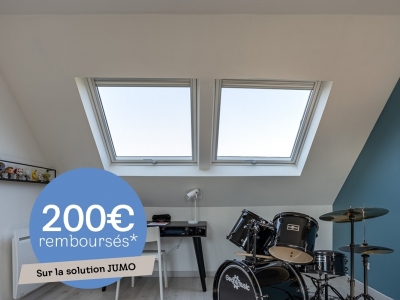 Offre de remboursement sur la combinaison de fenêtres VELUX solution JUMO - *Modalités sur velux.fr/modalites-ope-verriere-2024