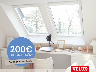 Offre de remboursement sur la combinaison de fenêtres VELUX solution JUMO - *Modalités sur velux.fr/modalites-ope-verriere-2024